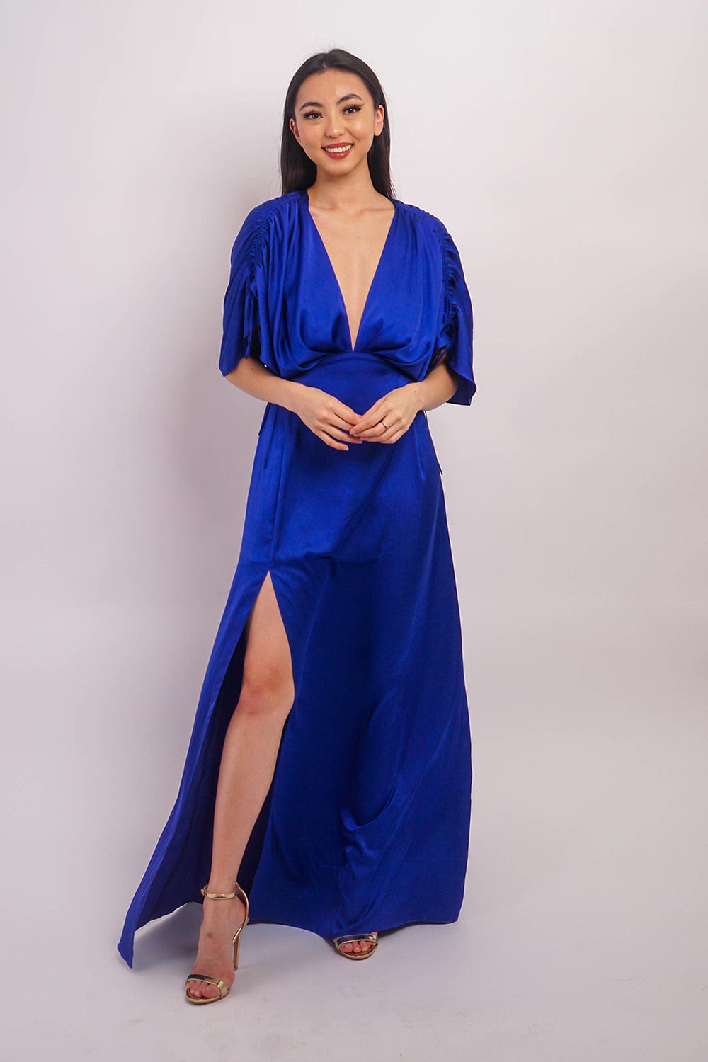 Cobalt Satin Pleated V Neck Kasumi Gown - Image 2