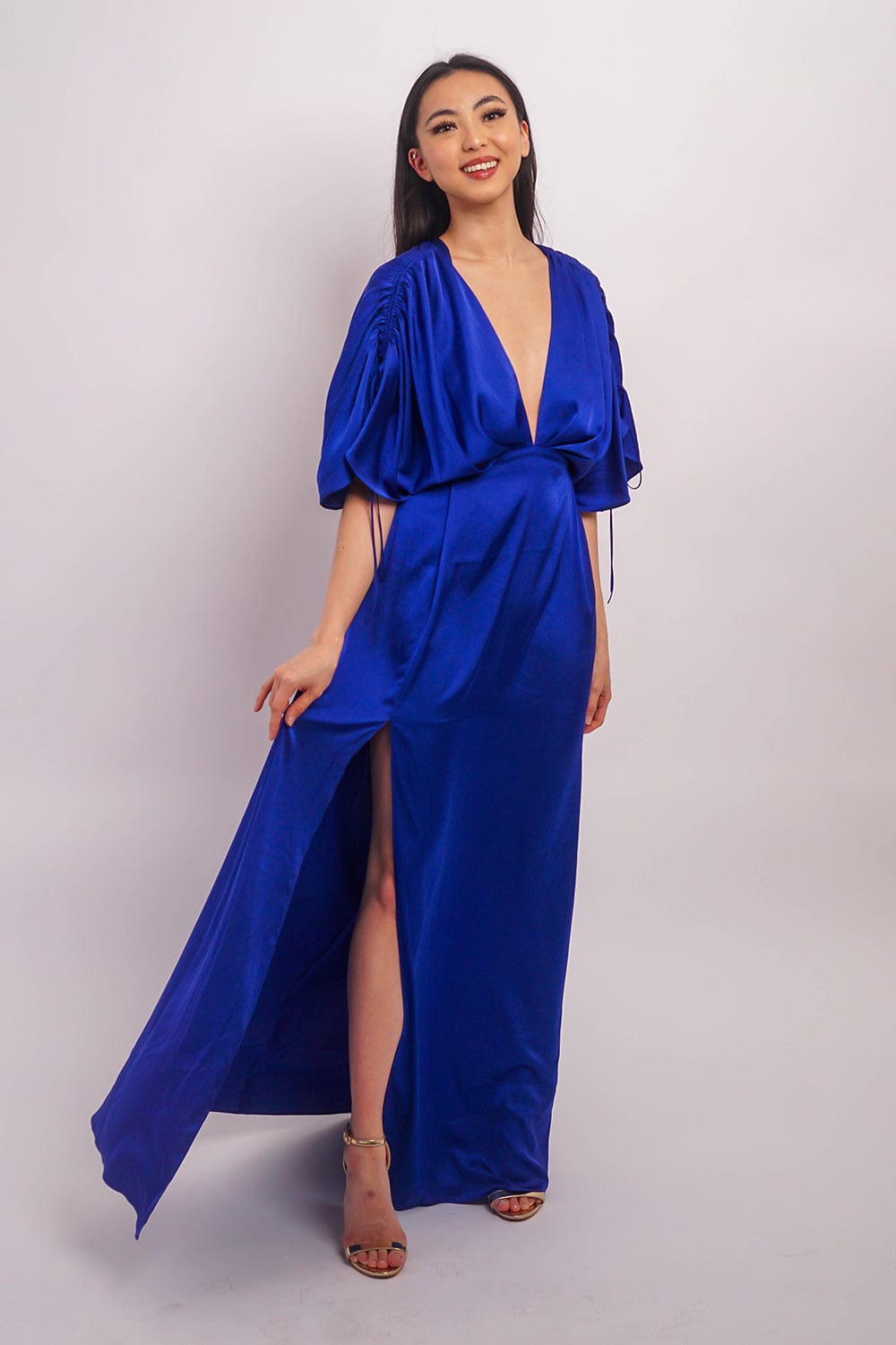 Cobalt Satin Pleated V Neck Kasumi Gown - Image 4