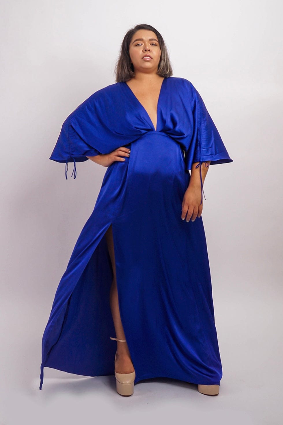 Cobalt Satin Pleated V Neck Kasumi Gown - Image 3