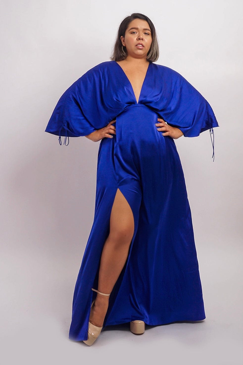 Cobalt Satin Pleated V Neck Kasumi Gown