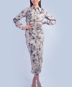 Taupe Charcoal Print Midi Shirt Dress