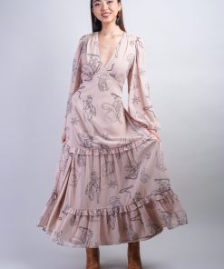 Taupe Cowboy Printed V-Neck Midi Dress