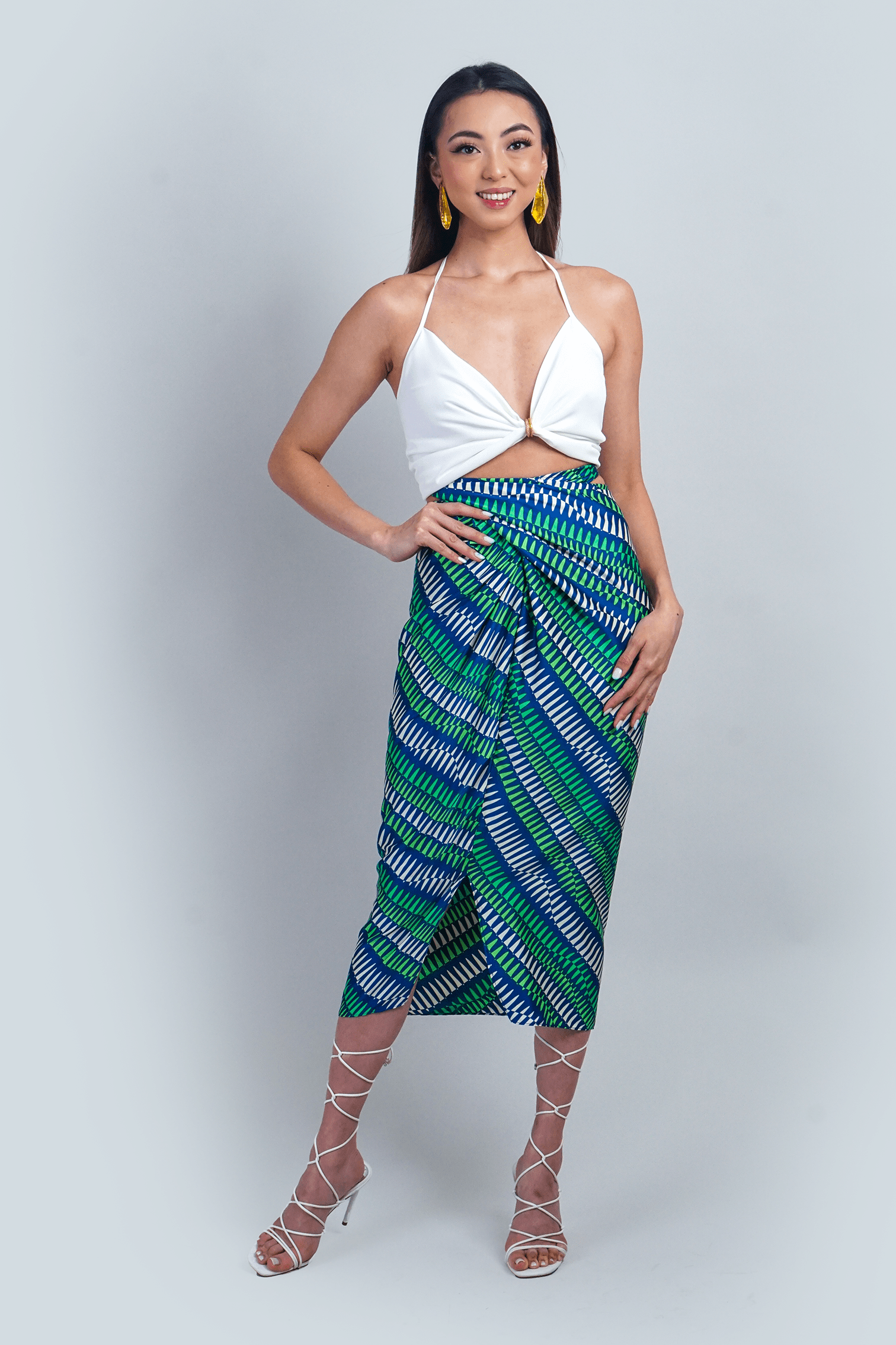 White Green Geo Print Indo Wrap Skirt/Dress - Image 3