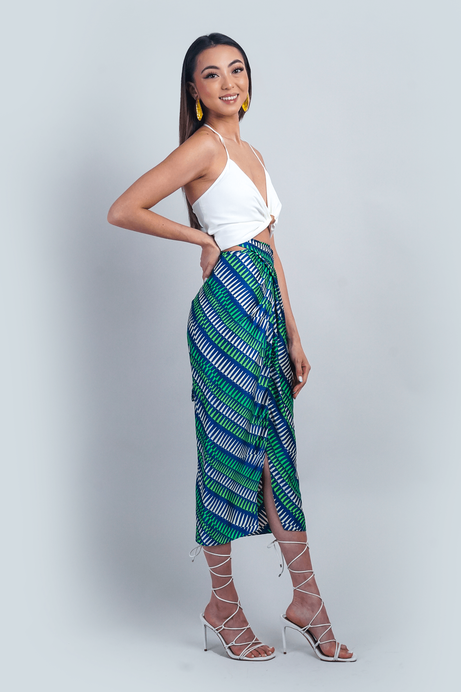 White Green Geo Print Indo Wrap Skirt/Dress - Image 4