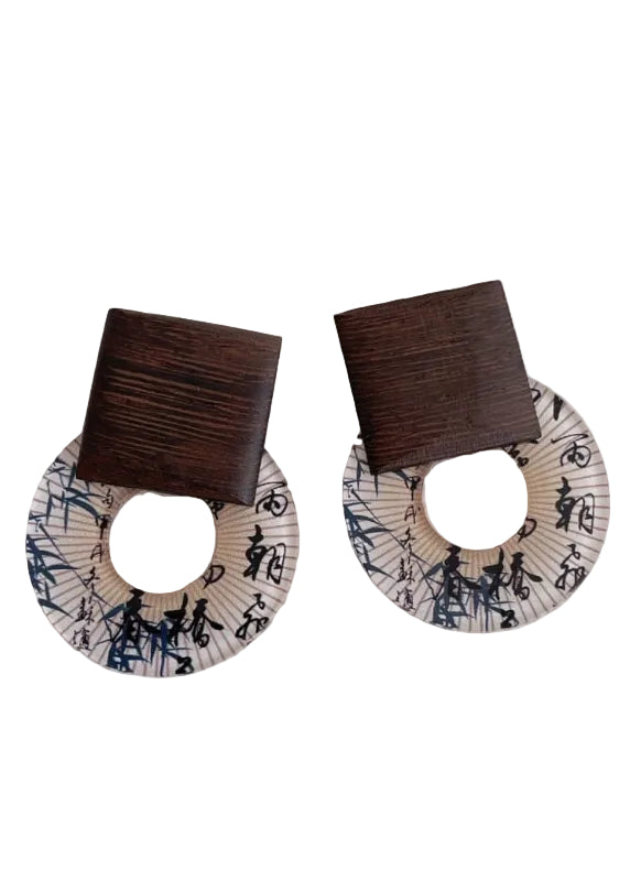 Beige Acrylic Brown Wood Earrings - Image 2