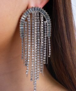 Silver Diamond Cascade Geometric Tassel Earrings