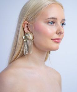 Gold Pair Alloy Diamond Claw Chain Flower Earrings