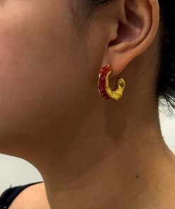 Gold & Red Crystal C-Shaped Earrings