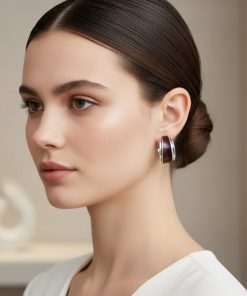 Silver Burgundy Earrings Metal Double-Layer C-Shaped Earrings