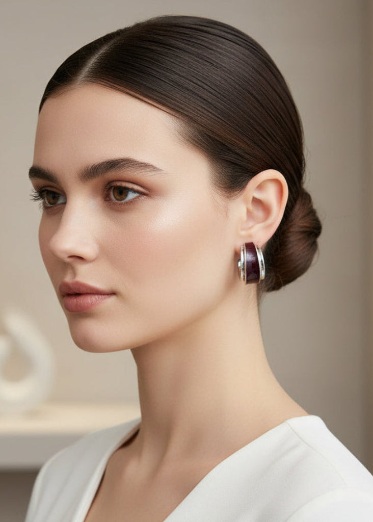 Silver Burgundy Earrings Metal Double-Layer C-Shaped Earrings