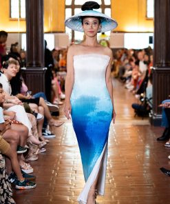 Blue Ombre Tulle Sheer Strapless Fitted Gown