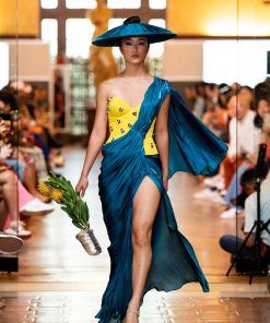 Yellow Flower Corset with Teal Drape Dress
