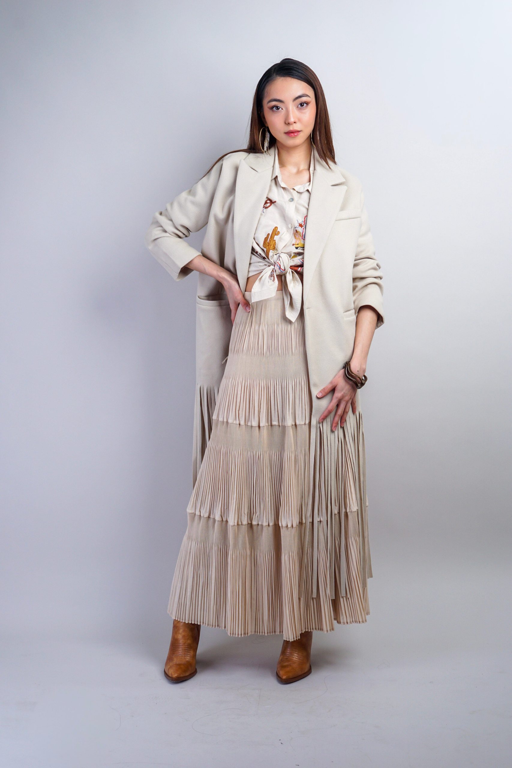 Beige Fringe Coat Jacket