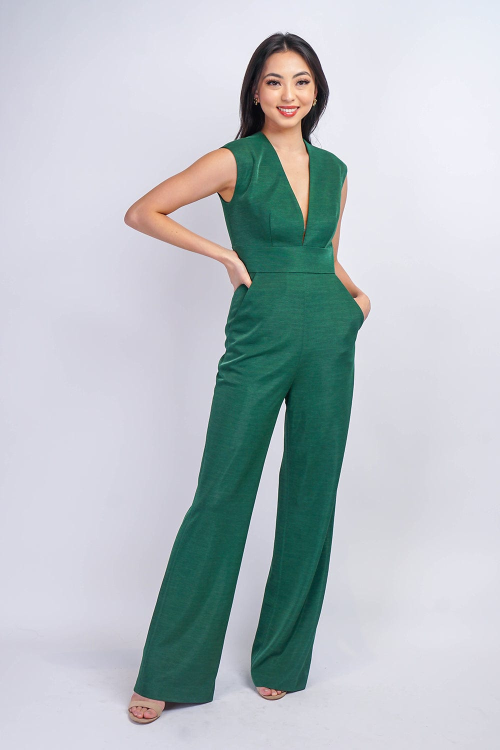 Emerald Luxe Sheen V Neck Aiden Jumpsuit - Image 2