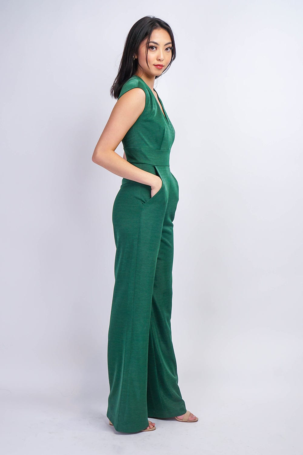 Emerald Luxe Sheen V Neck Aiden Jumpsuit - Image 3