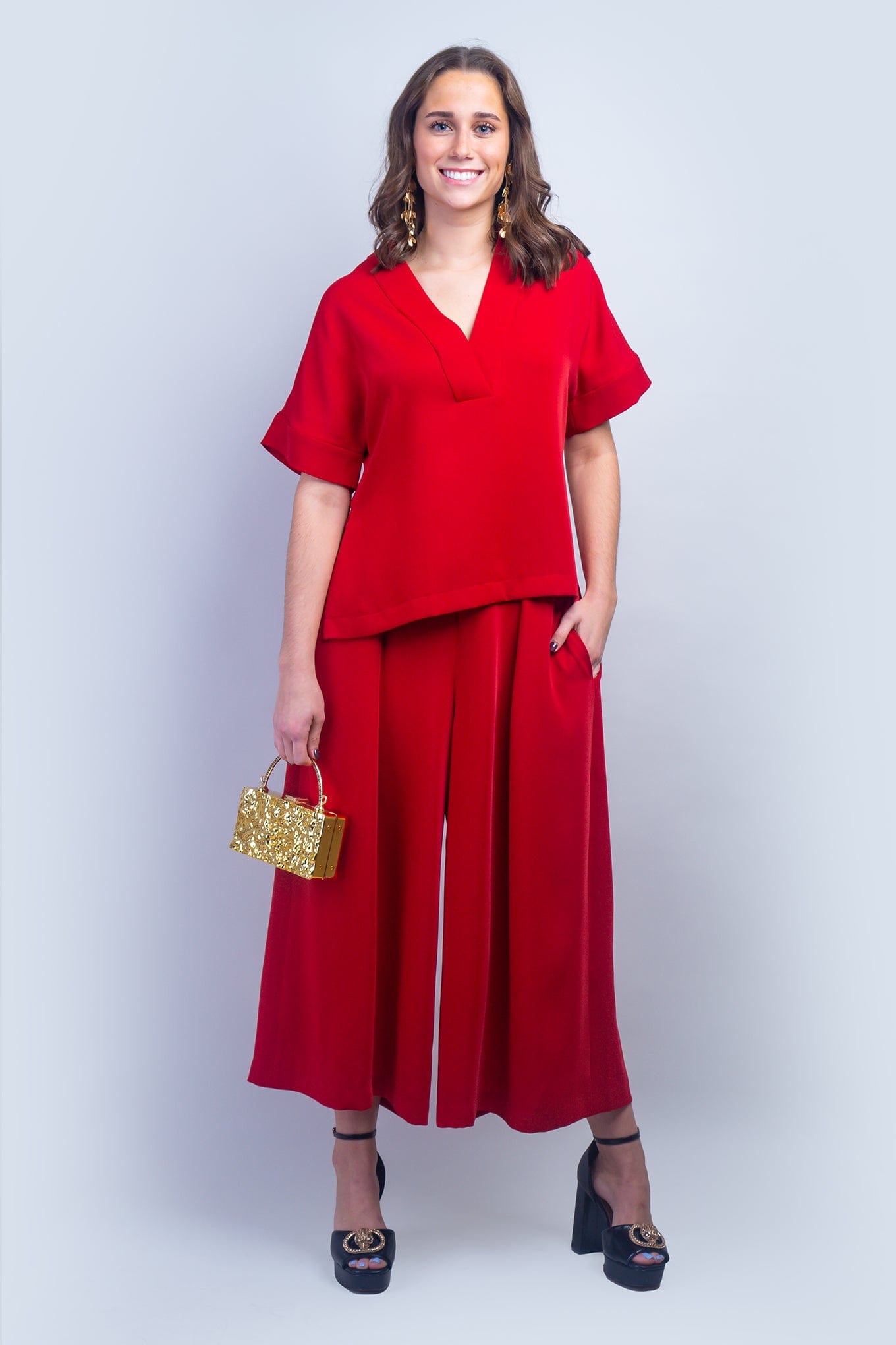 Red Pleated High Waist Wide Leg Kira Pants - Image 2