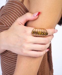 Gold Ribcage Ring Brown Stone