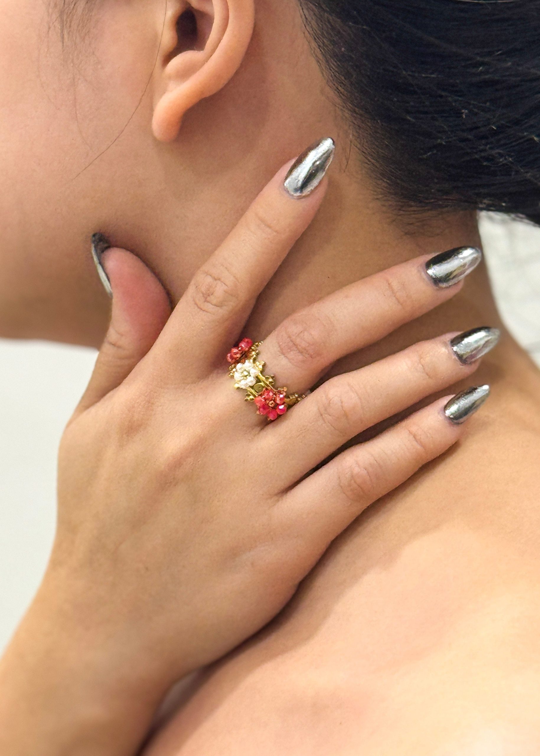 Red Beaded Flower Ring