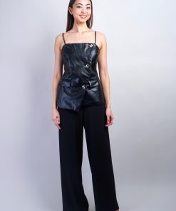 Black Vegan Leather Gold Square Button Top