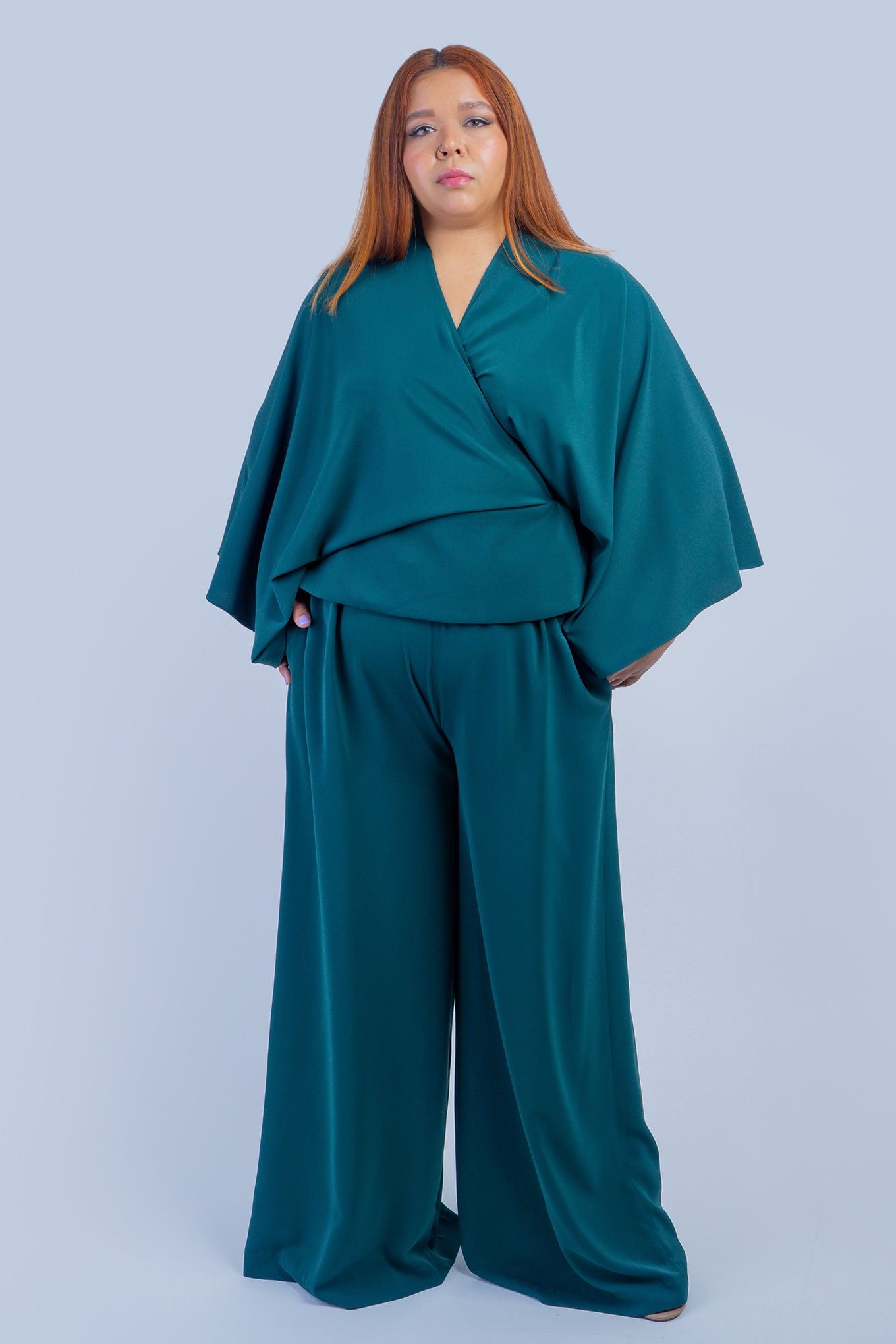 Dark Green Kimono Wrap Peplum Shirt - Image 4