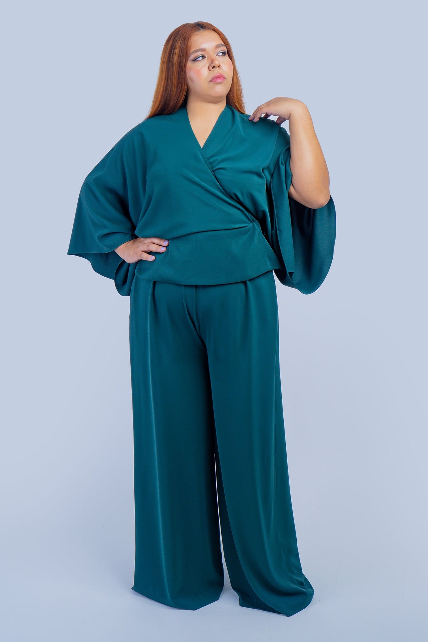 Dark Green Kimono Wrap Peplum Shirt - Image 3