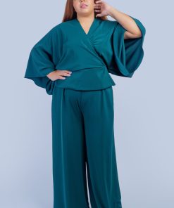 Dark Green Kimono Wrap Peplum Shirt