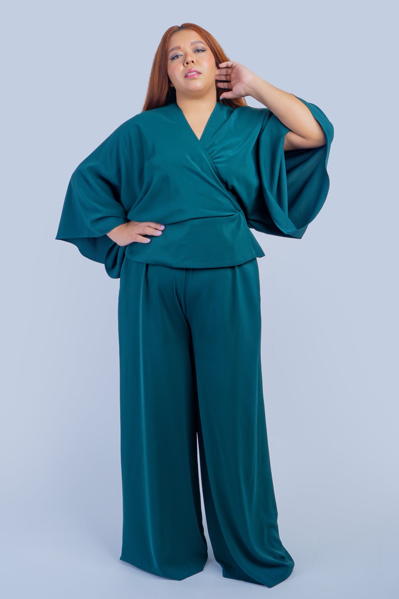 Dark Green Kimono Wrap Peplum Shirt
